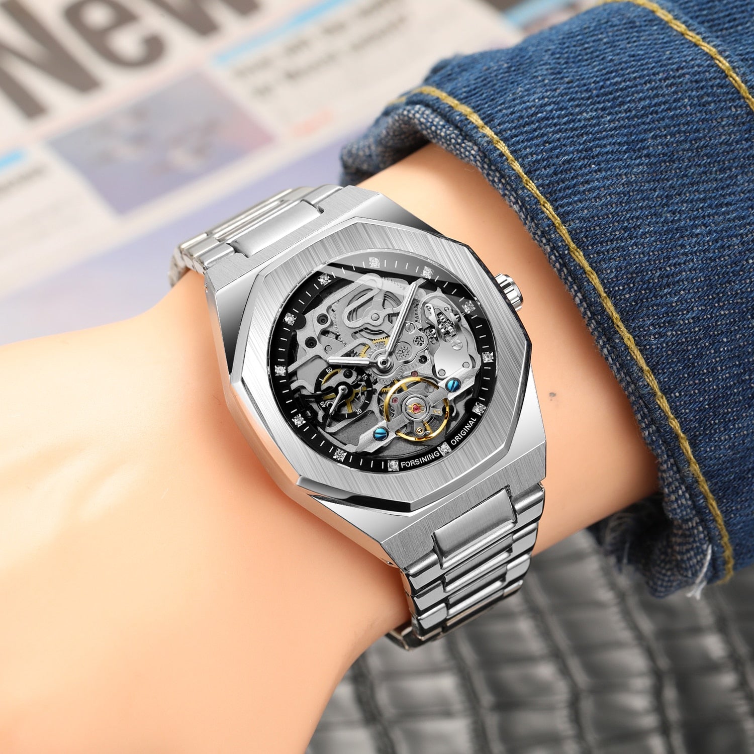 Forsining Black Automatic Watch 3D Diamond Dial Irregular Skeleton Mechanical W image 9