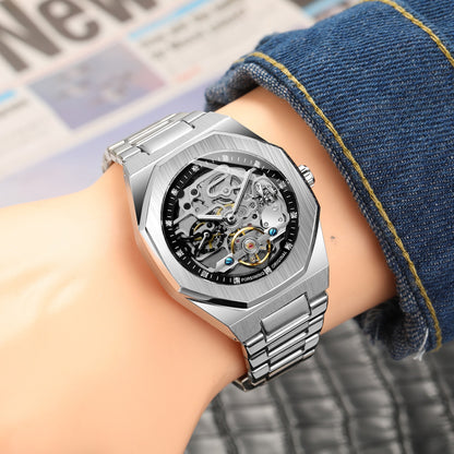 Forsining Black Automatic Watch 3D Diamond Dial Irregular Skeleton Mechanical W image 9