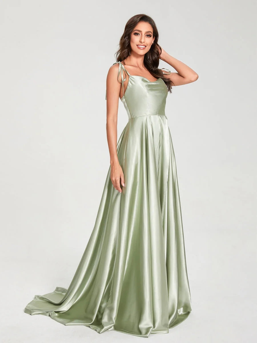 FATAPAESE SoftSatin Maxi Flared Dress with Hign Slit Sexy Bridesmaid Dress Open image 11