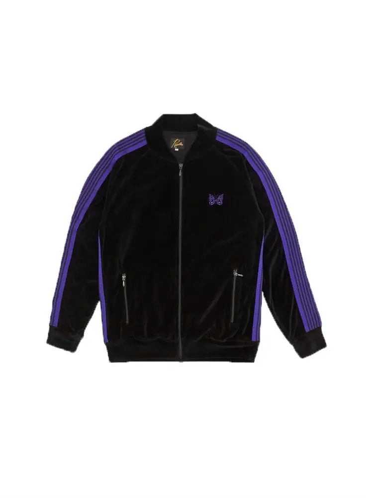 2023NOW  Japanese Retro Side Striped Velvet Embroidered Butterfly Zipper Jacket image 2