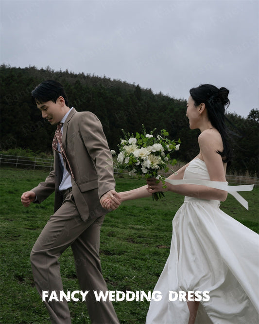 Fancy Korea Strapless Wedding Dress Photo Shoot A Line Soft Taffeta Bridal Gown