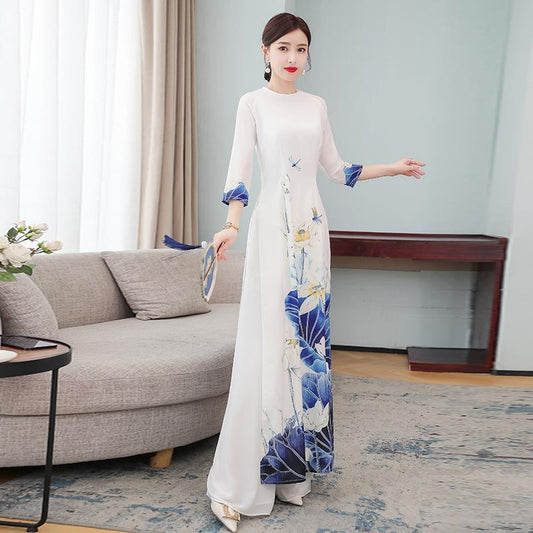 Spring Summer Ao Dai Cheongsam Folk Style Vietnam Chiffon Aodai Graceful Elegan