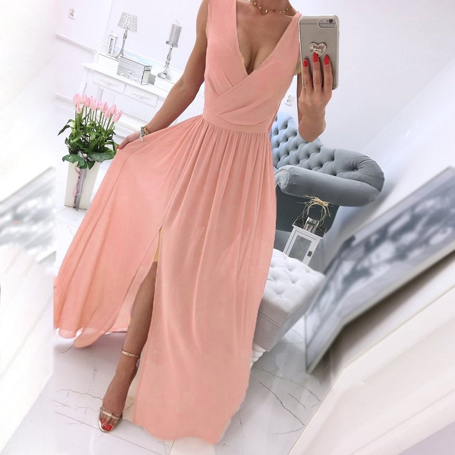 Women Dresses Summer Pleated  V Neck Sleeveless Side Slit Long Maxi Casual Ch