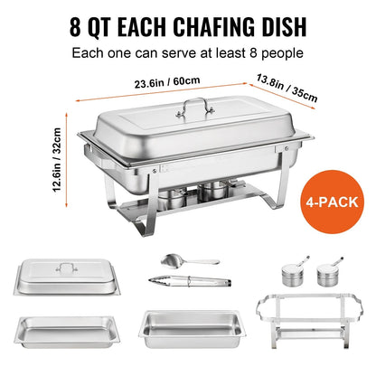 VEVOR 8QT Rectangle ChaFolding Dish 4/6 Packs Stainless Steel  Chafer with Full Si
