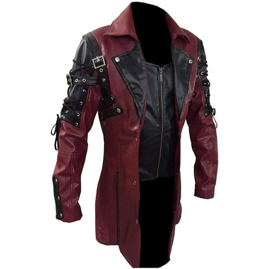 New Men's Gothic TrenCoat Leather Jacket Punk Style Biker Jacke Au