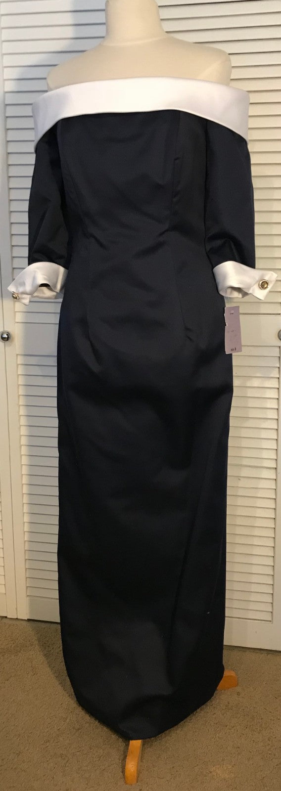 Victor Costa Women Dress Satin Navy White Band Bustline & Cuffs Size 8