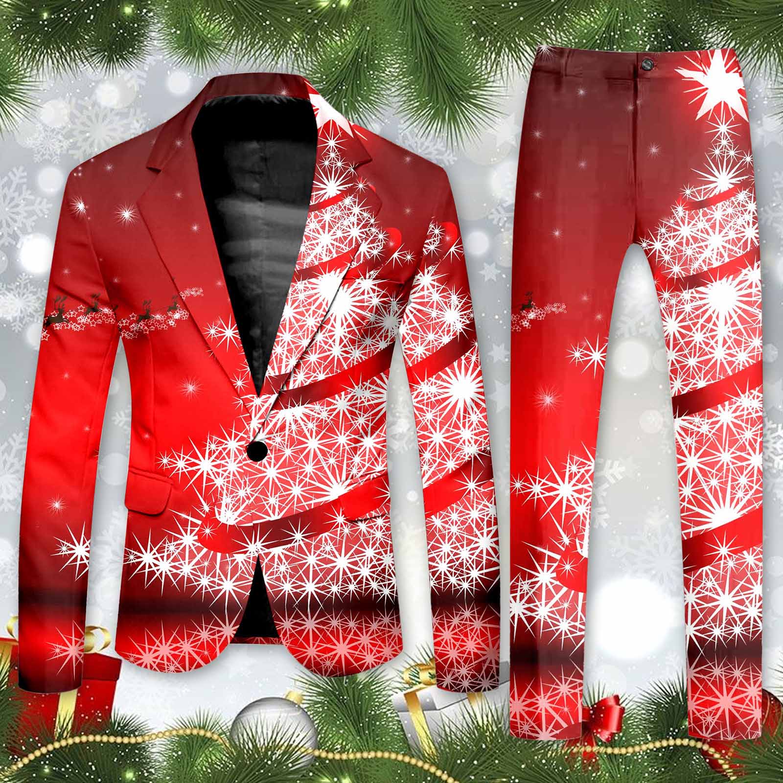 Blazer Men's Christmas 2 Piece Suit Set Snowflake Print Suit Jacket And Pants S image 3