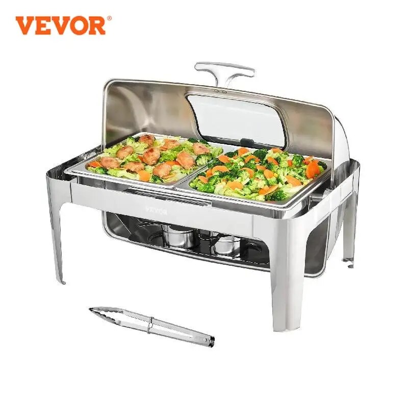 VEVOR 9QT Roll-top Chafing Dish Buffet Set Stainless Steel Chafer w/2 Half Pans