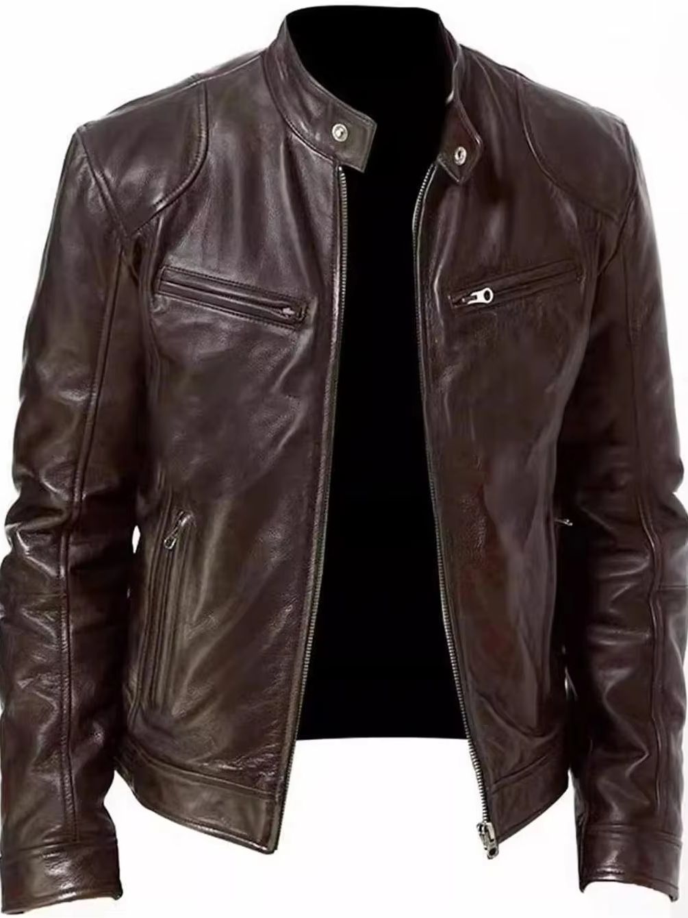 Men's Fashion PU Leather Jacket Classic Zip-Up Faux Leather Coat image 1