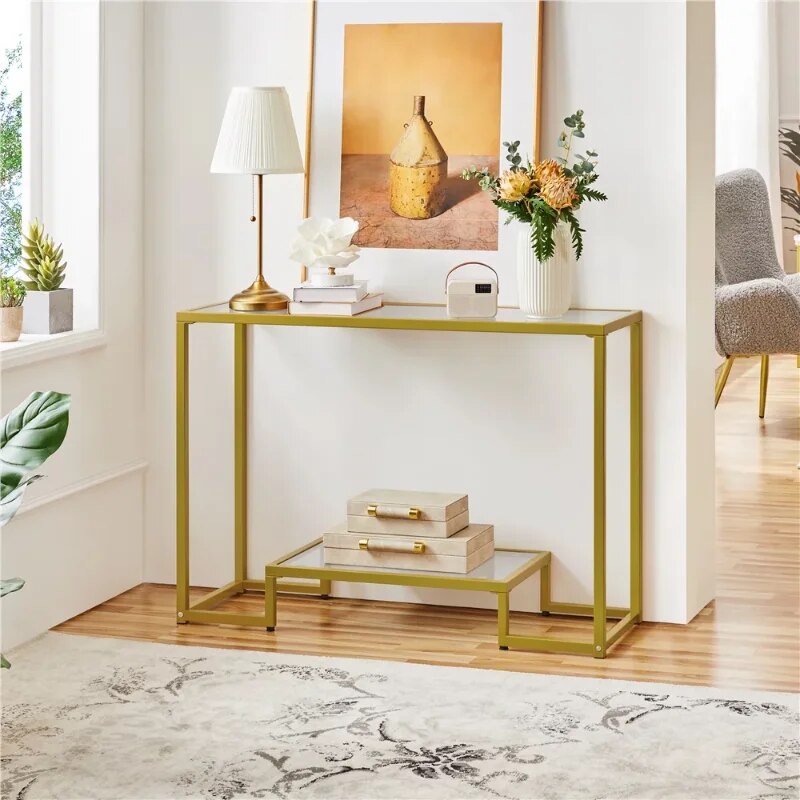 t 2-layer Modern Tempered Glass Console Table with Sturdy Metal Frame for Livin image 4