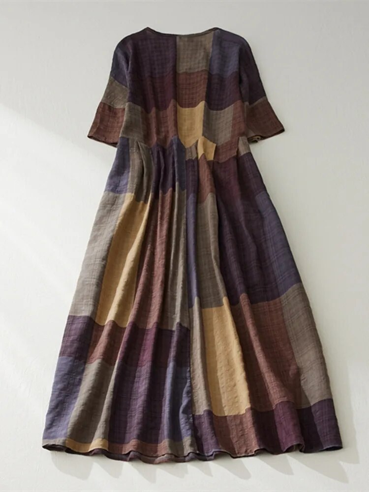 Plus Size Summer Long Dress Women Loose Plaid Cotton Linen Ladies Dresses Casua