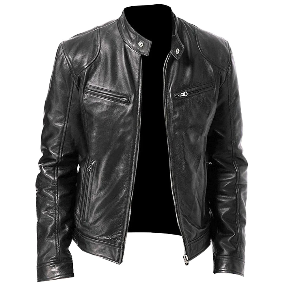 Motorcycle Jacket Men Slim Fit Collar Zipper Stand PU Leather Coat image 7
