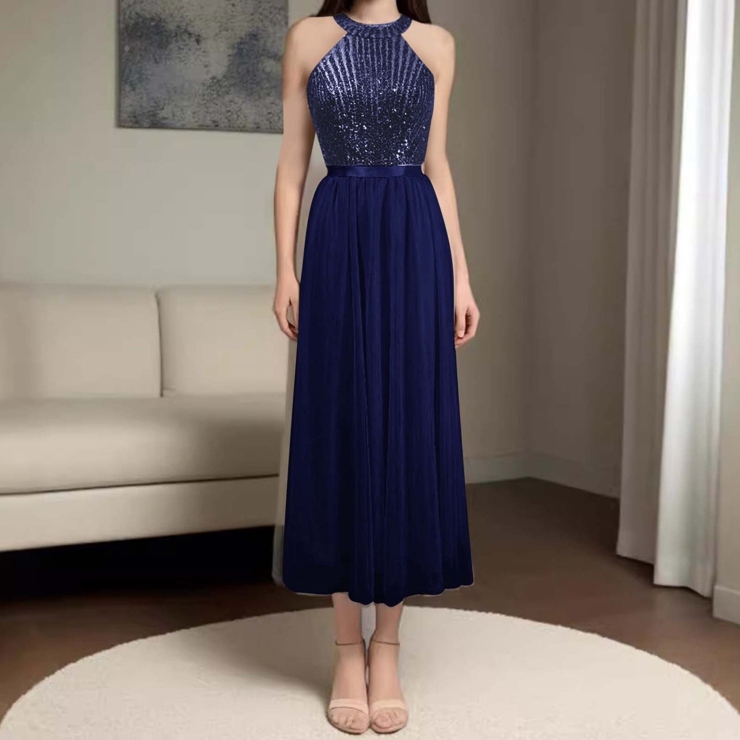 Halter Long Bridesmaid Dresses A-line Lace Sleeveless Wedding Party Eve