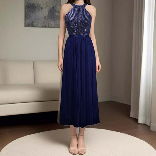 Halter Long Bridesmaid Dresses A-line Lace Sleeveless Wedding Party Eve