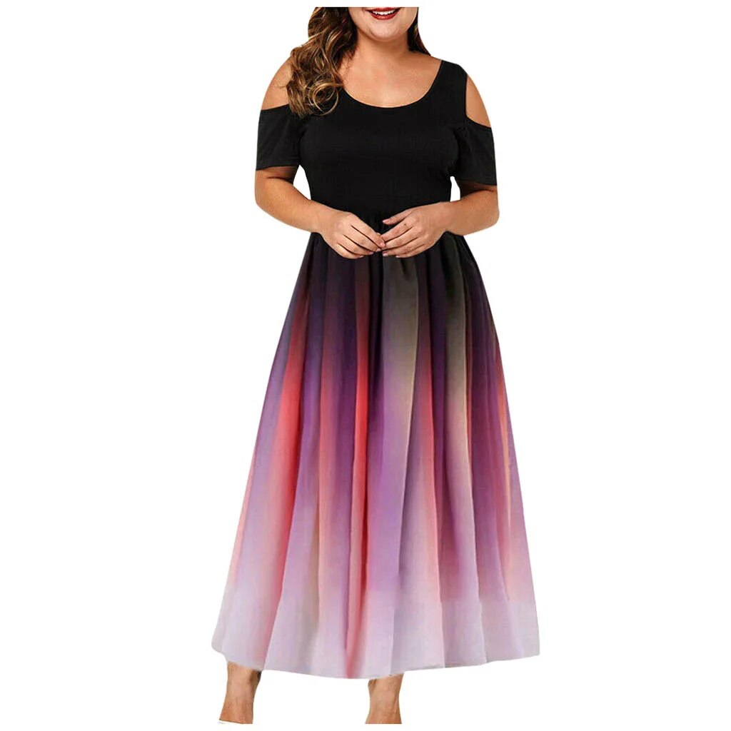 Plus Size Cold Shoulder Ombre Round Neck Dress Evening Party Gradient Off-shoul