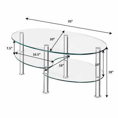 ALPULON Tempered Glass Coffee Table Oval 3-Tier Steel Tea Table for Home Living image 4