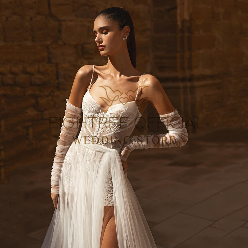 Eightree White A-Line Wedding Dresses Spaghetti Straps Appliques Wedding Gowns image 1