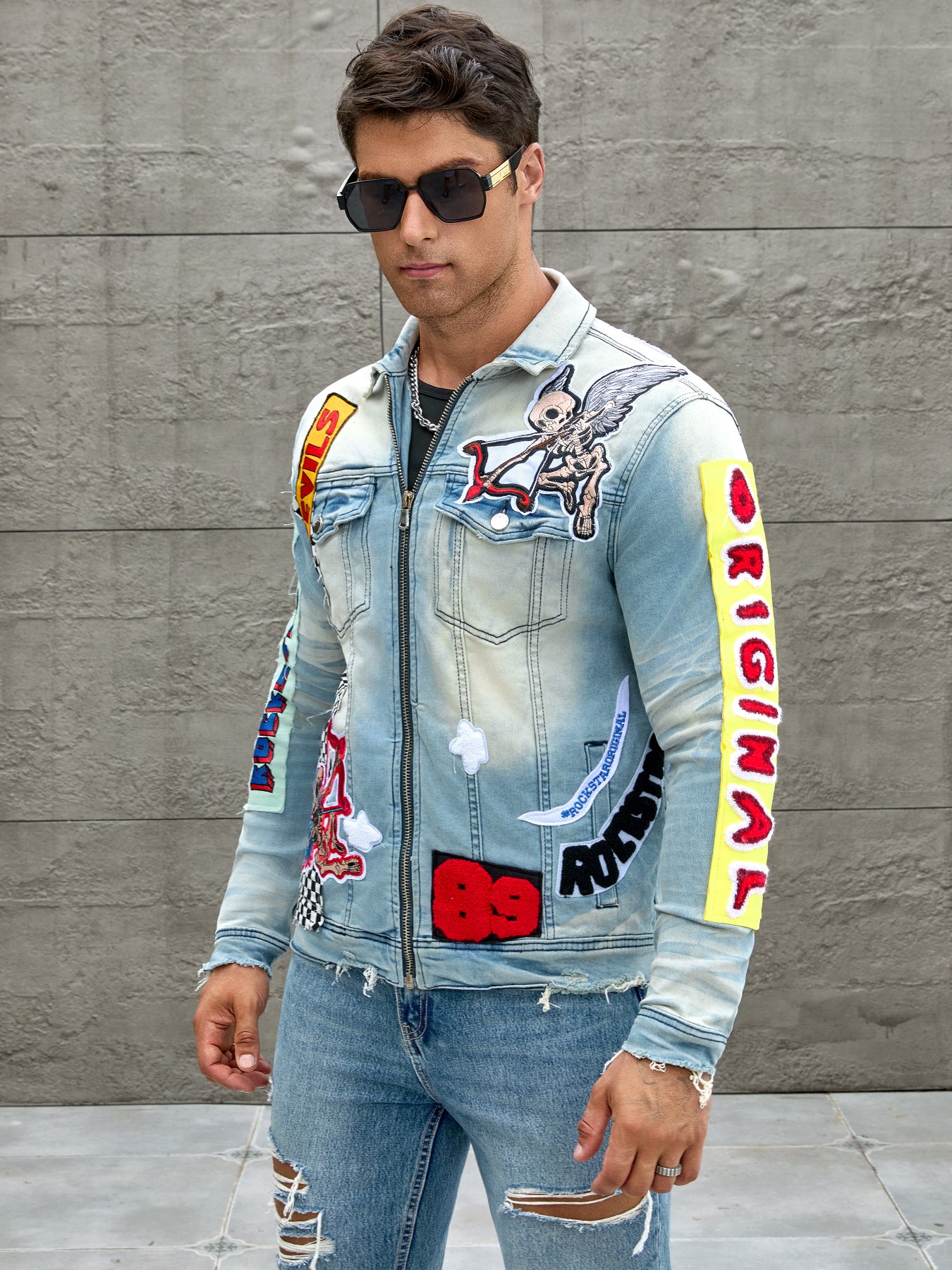 Men's stretch denim jacket, cat creases wash water, full embroidered seal desig image 3