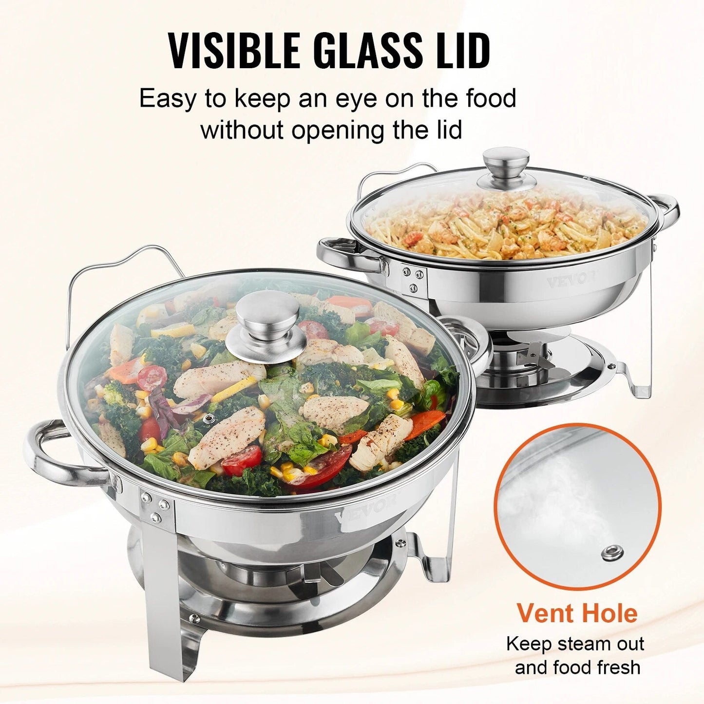 VEVOR 4QT 2-Pack Round ChaFolding Dish Set Stainless Steel Buffet Chafer with Full