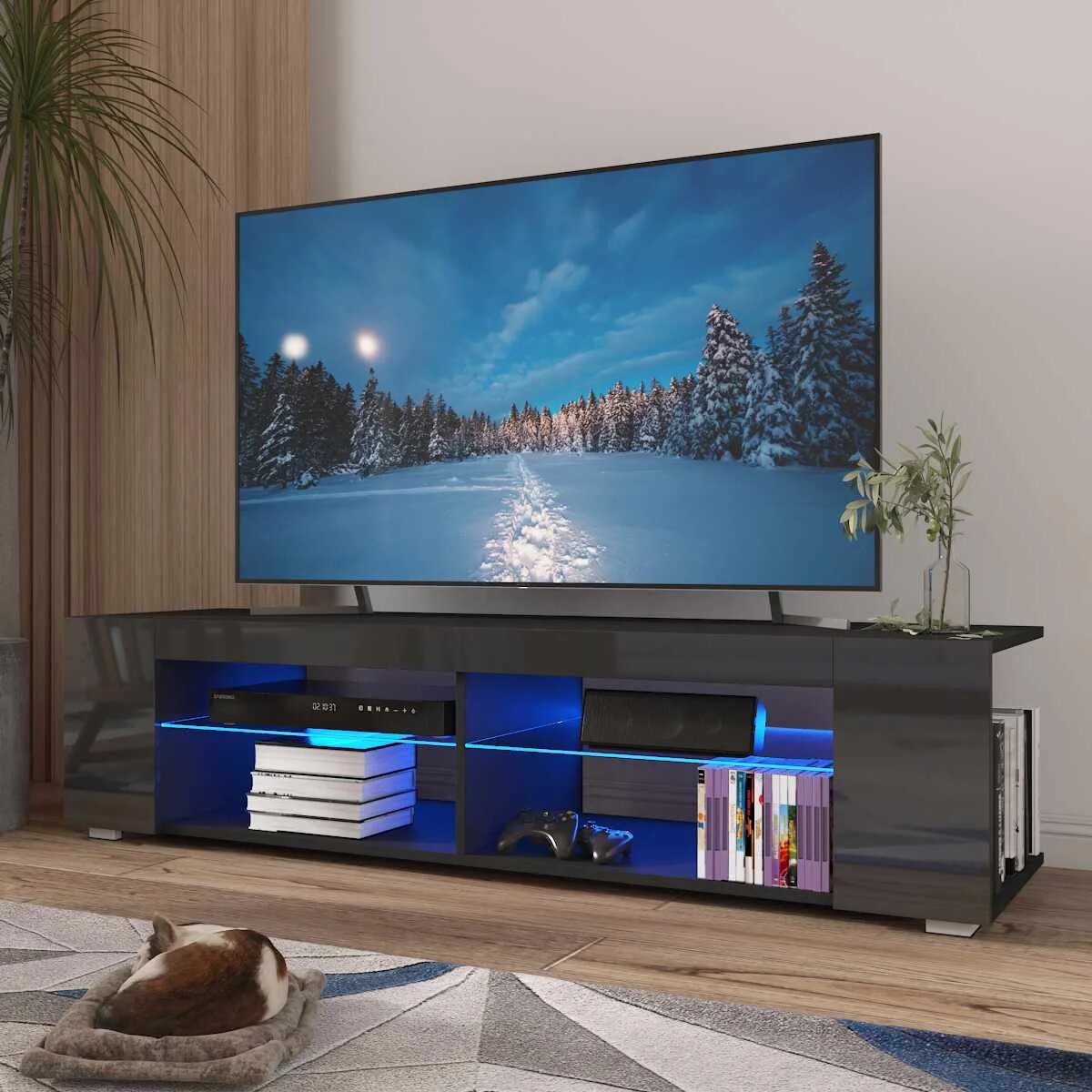High Gloss Modern TV Stand Bookshelves With LED Light 4-Shelf Console Cabinet H image 6