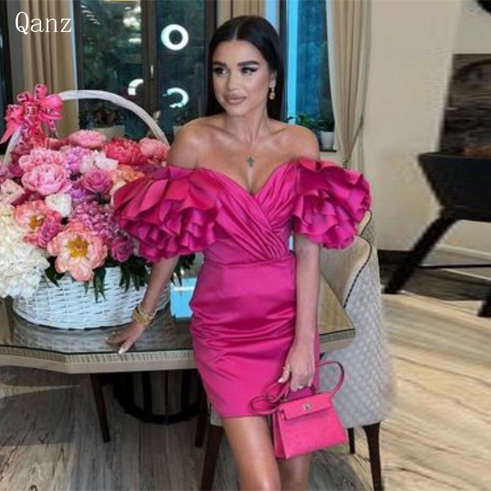Qanz Fuchsia Modest Cocktail Dresses Satin Short Off The Shoulder Pageant Dress
