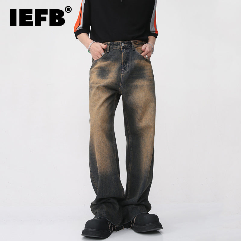 IEFB Vintage Men's Burrs Jeans Summer New Gradient Color Straight Denim Pants H