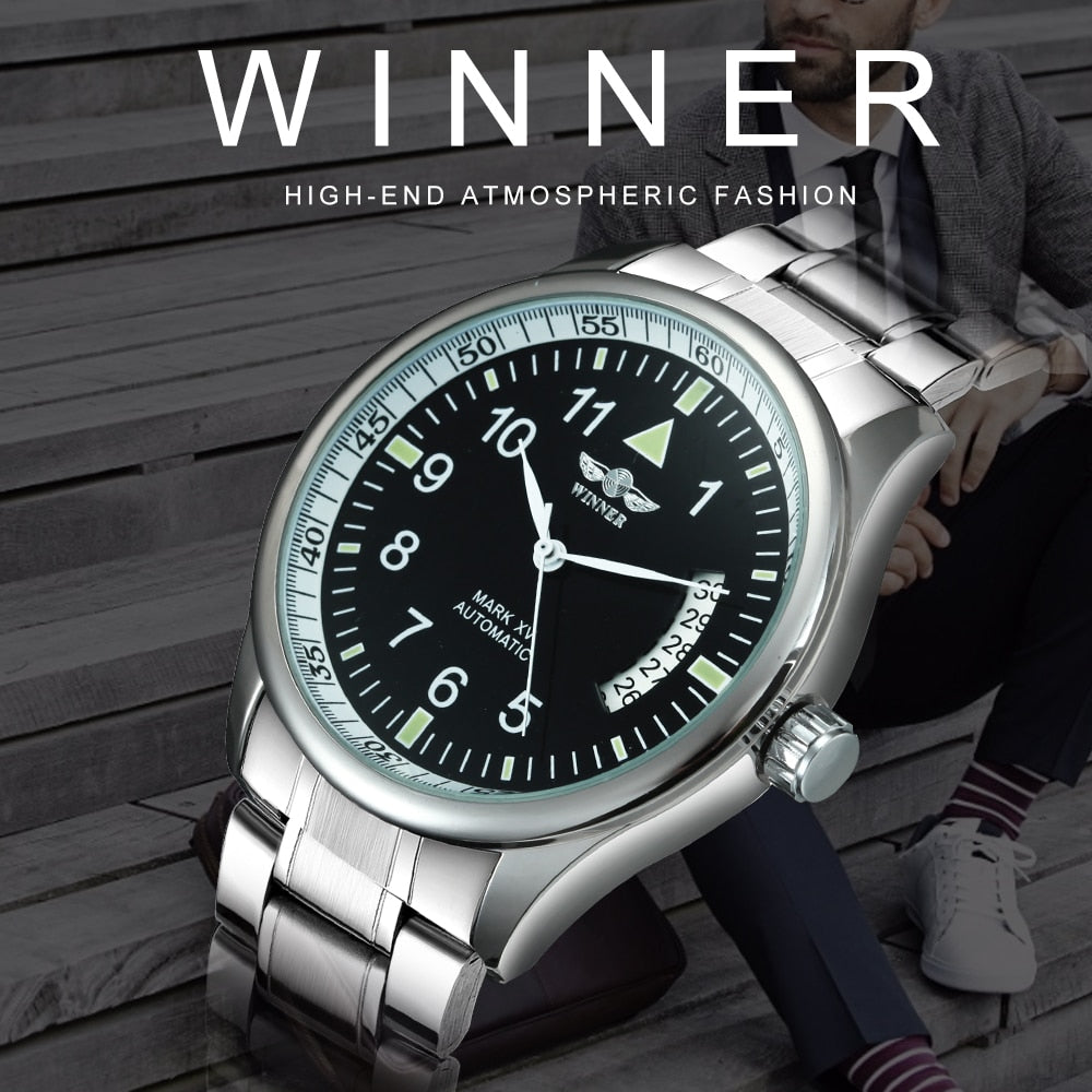 WINNER Business Mechanical Men Watch Casual Calendar Window Black Minimalist Di image 1