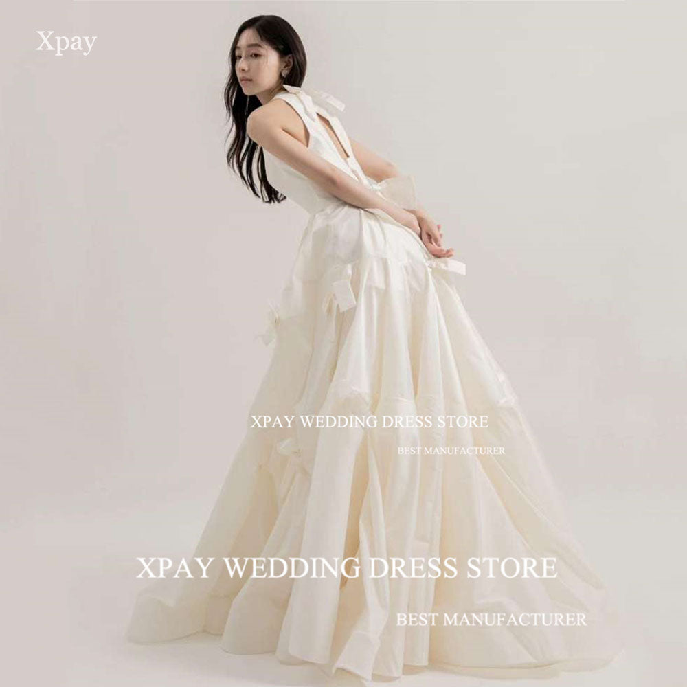 XPAY O Neck Korea Wedding Dresses Ruched Tiered Cut Out Back Wedding Pograph