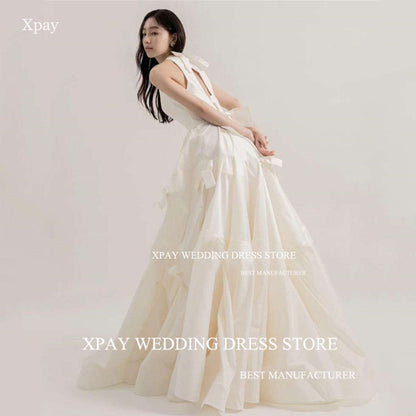 XPAY O Neck Korea Wedding Dresses Ruched Tiered Cut Out Back Wedding Pograph