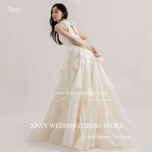 XPAY O Neck Korea Wedding Dresses Ruched Tiered Cut Out Back Wedding Pograph