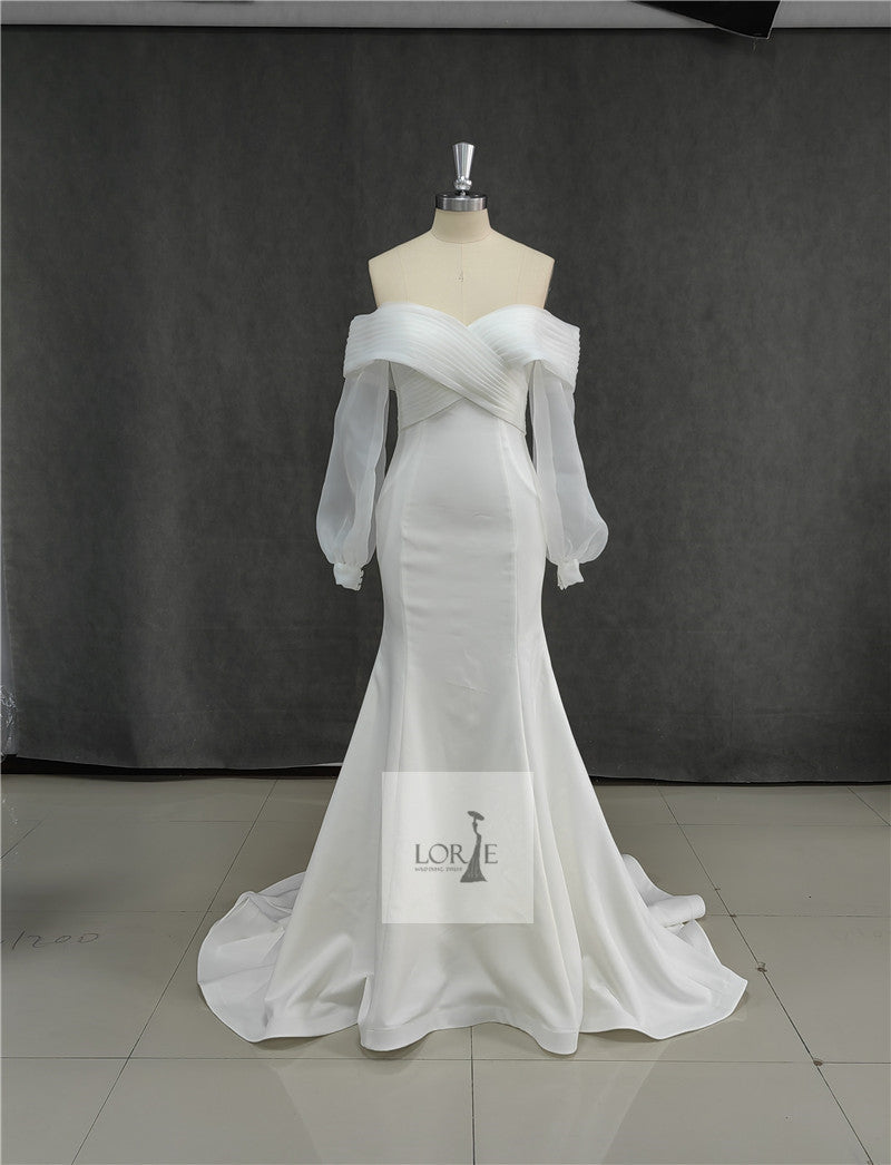 Smileven Satin Mermaid Wedding Dresses Long Fuff Sleeve Sexy Lace Beach Bride D image 4