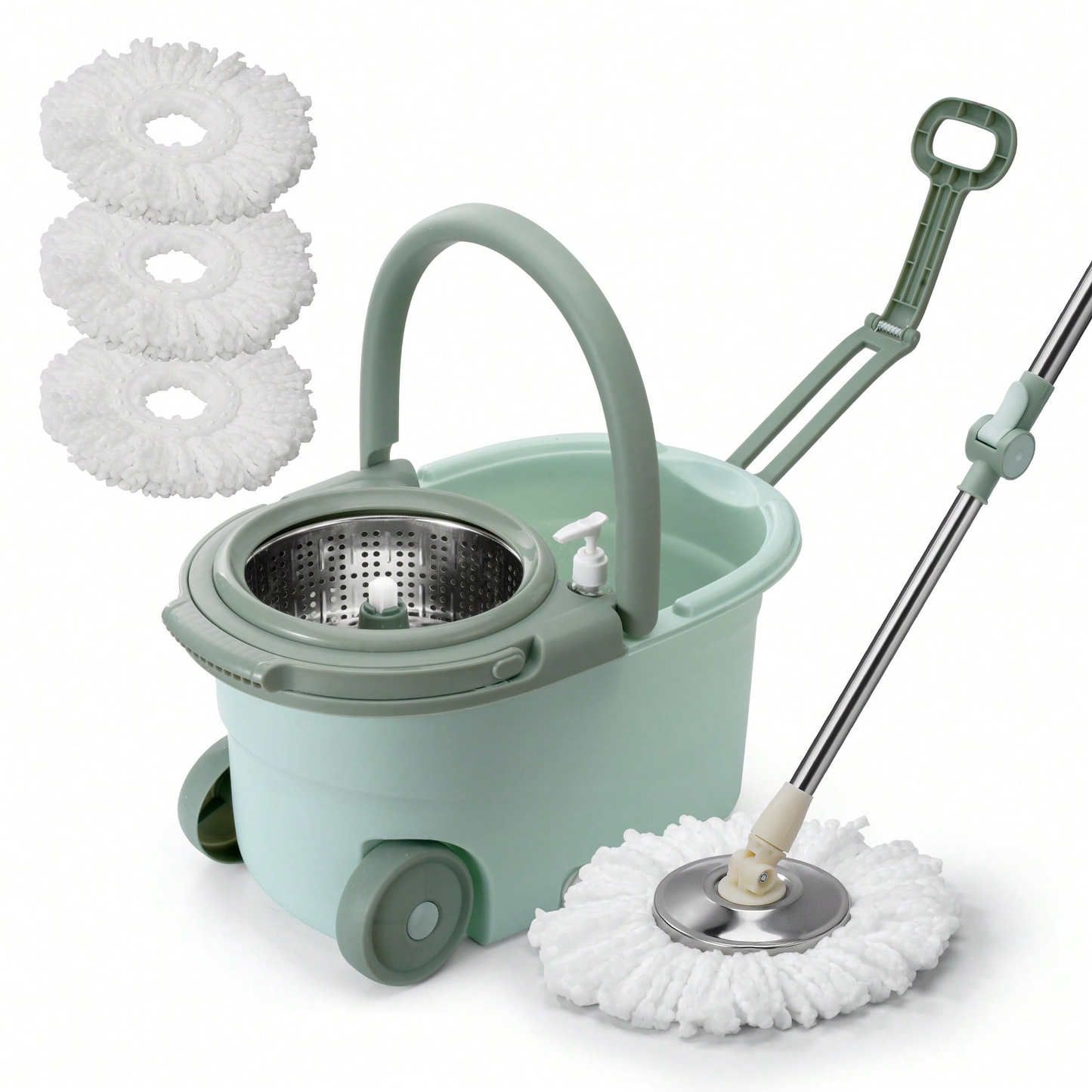 Spin Mop Bucket Set with Soap Dispenser 360°Rotating 2 Microfiber Heads 61" Adj image 5