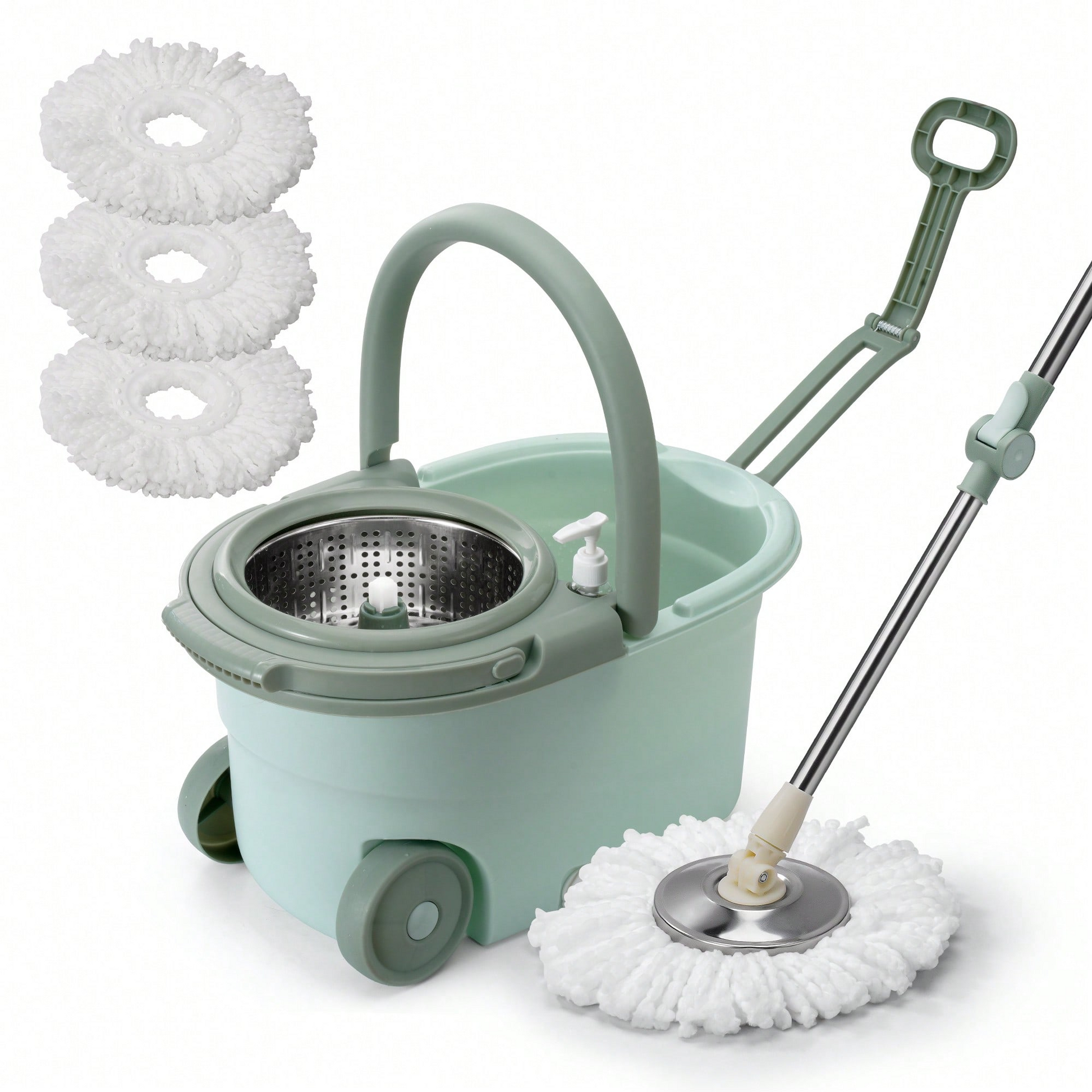 Spin Mop Bucket Set with Soap Dispenser 360°Rotating 2 Microfiber Heads 61" Adj image 5