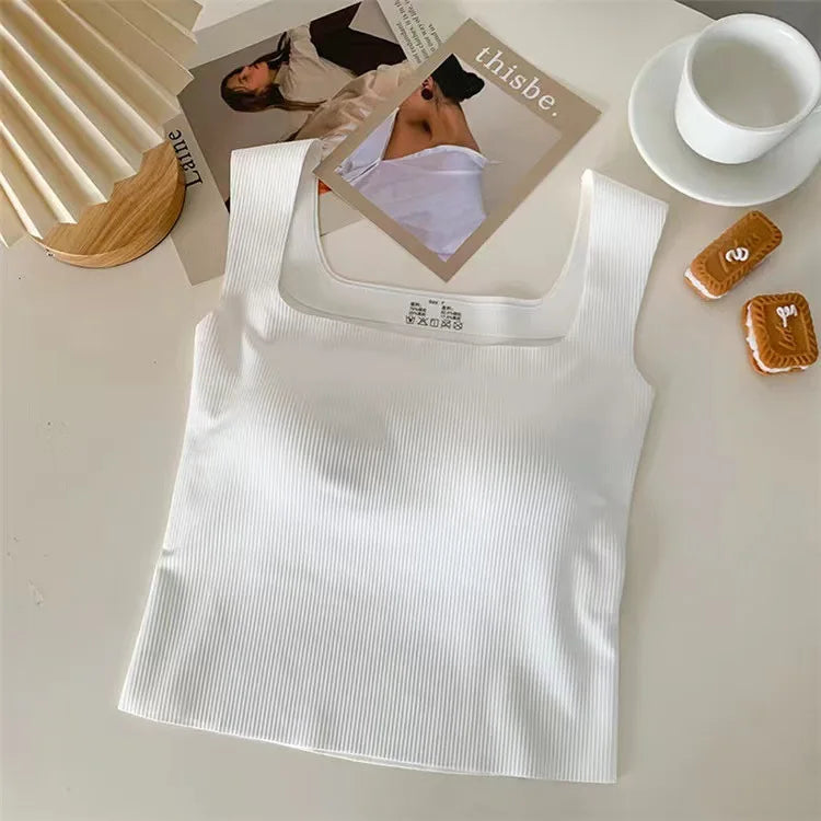 New Wide Shoulder Camisole Square Neck Beautiful Back Threaded Vest Women's Sea image 3