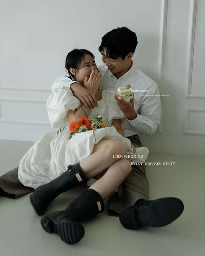 Wedding Dresses Square Collar Short Puff Sleeves A-Line Knee Length