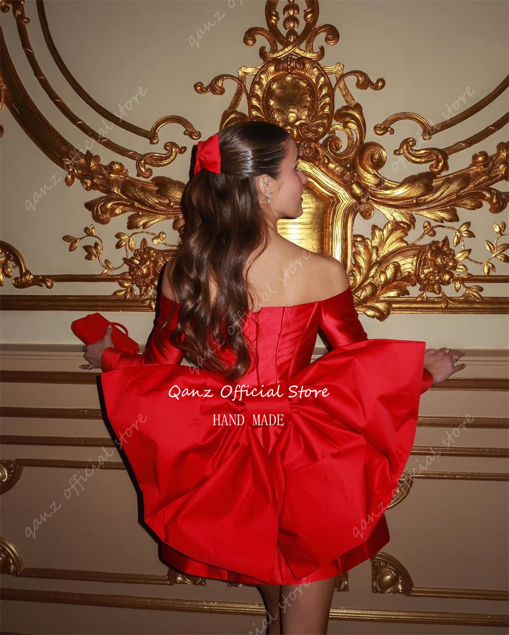 Qanz  Red Short Prom Dresses Satin With Large Bow Long Sleeves Dress Party