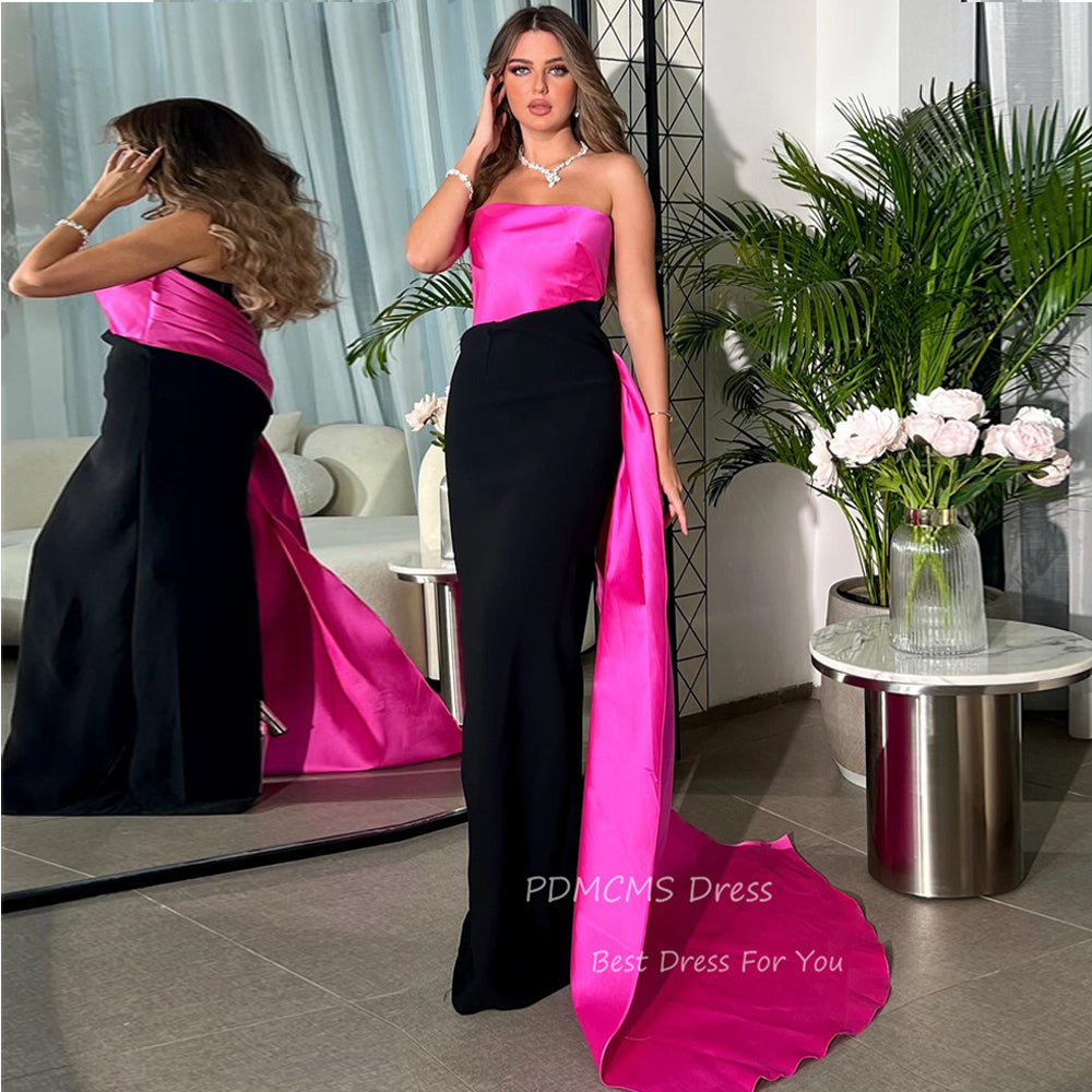 Charming Hot Pink/Black Satin Evening Party Dresses Strapless Floor Length Simp