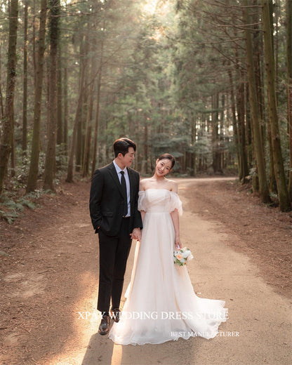 XPAY Simple A Line Silk Organza Korea Wedding Dresses For Po shoot Off the S image 2