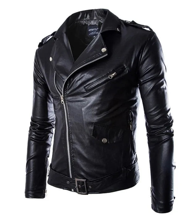 Men's Leather Jackets New White Black Casual Lapel Slim Fit Diagonal Zipper Moto image 1