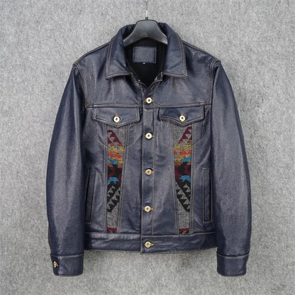 YR.Cuero Super slim blue genuine leather jacket.men classic casua image 2