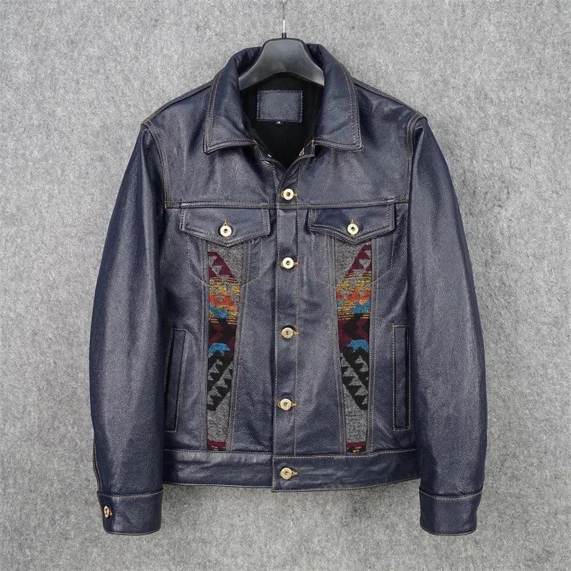 YR.Cuero Super slim blue genuine leather jacket.Men's classic casua