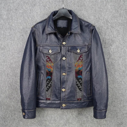 YR.Cuero Super slim blue genuine leather jacket.Men's classic casua