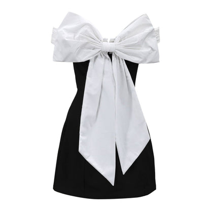 Tie Bow Mini Dress Women Fashion Off Shoulder High Waist Sleeveless USA Essentials Dress S image 1