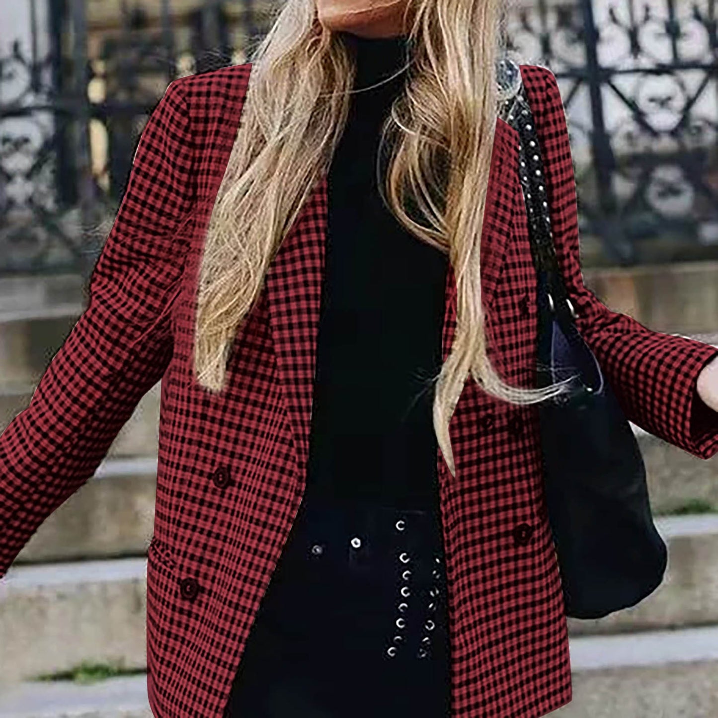 Ladies' Autumn And Winter Double Breasted Lapel Long Sleeved Checkered Suit Jac image 2