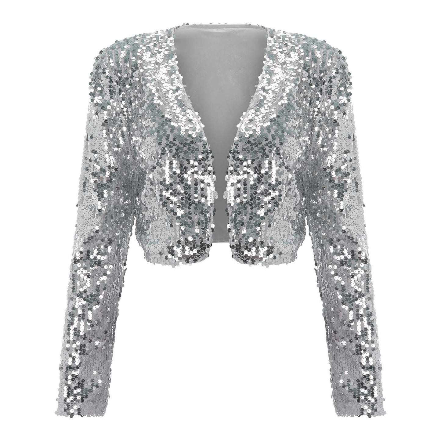 Women Coat Shining Sequined Long Sleeve Cropped Length Open Front Bolero Shrug  image 1