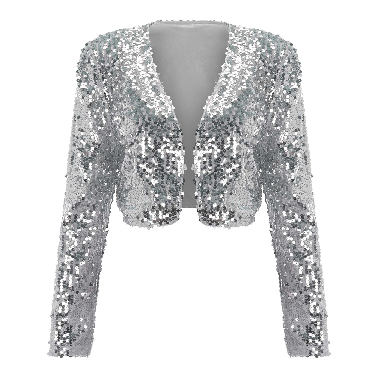 Women Coat Shining Sequined Long Sleeve Cropped Length Open Front Bolero Shrug  image 1