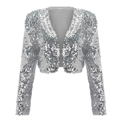 Women Coat Shining Sequined Long Sleeve Cropped Length Open Front Bolero Shrug  image 1