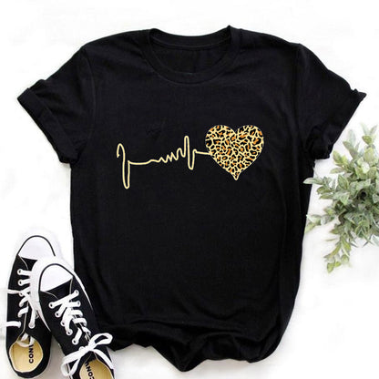 Summer New 90 's Leopard Heartbeat Short Sleeve Print Clothing Women's T-Shirt image 2