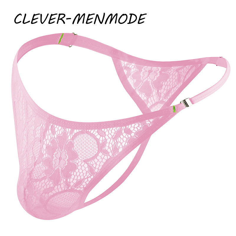 Men's Gorgeous Lace Thong Side Buckle Adjustable Strap G-String Underwear Exotic La