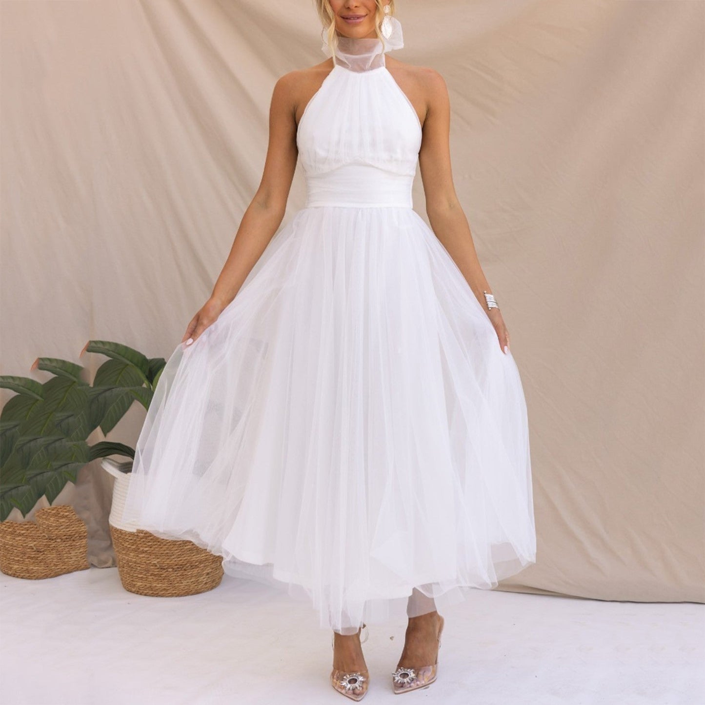  Halter Holiday Party Dress Women Off Shoulder Mesh Backless Pleated Dress  image 2